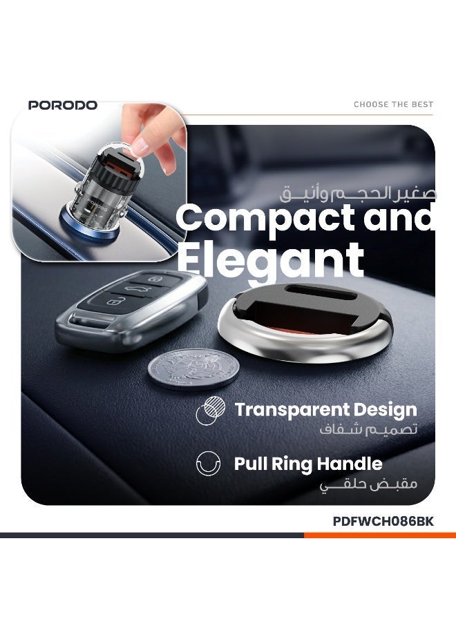 porodo Dual Port Transparent Car Charger with Pull Ring Handle/ PD 36W/ QC 18W/ USB-A & USB-C Ports/Fast Charging/ Sleek & compact Flush-Fit Design/Universal Compatibility - Black - Image 4